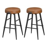 Set van 2 Barkrukken – Keukenstoel met PU Stiksels, 63 cm Zithoogte – Karamelbruin, Mid-Century Modern Stijl