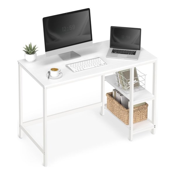 Computerbureau, schrijfbureau met 2 planken links of rechts, werktafel voor kantoor, woonkamer, stalen frame, modern, esdoornwit
