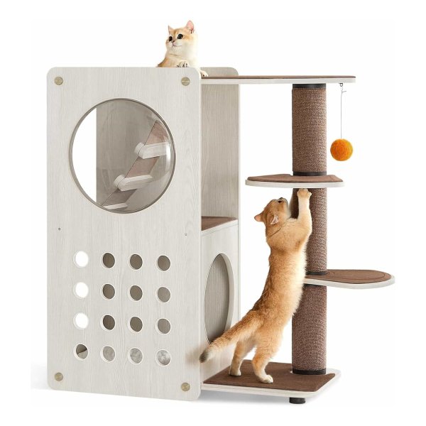 Krabpaal, Moderne Kattentoren, voor Binnenkatten, Kattenhuis, Dikke krabpaal, grot, zitstokken, zachte ladder, vervangbare onderdelen, havermoutbruin en koffiebruin