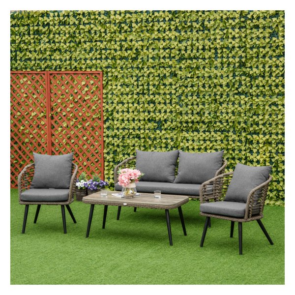 Loungeset - Poly Rattan - Voor 4 personen - Bankkussen - Bruin/Grijs
