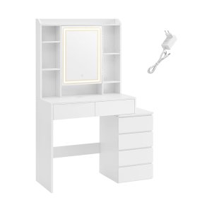 Make-uptafel met ledverlichting, instelbare helderheid, kaptafel met spiegel, make-uptafel met laden, open vakken, verstelbare planken, modern, wolkenwit