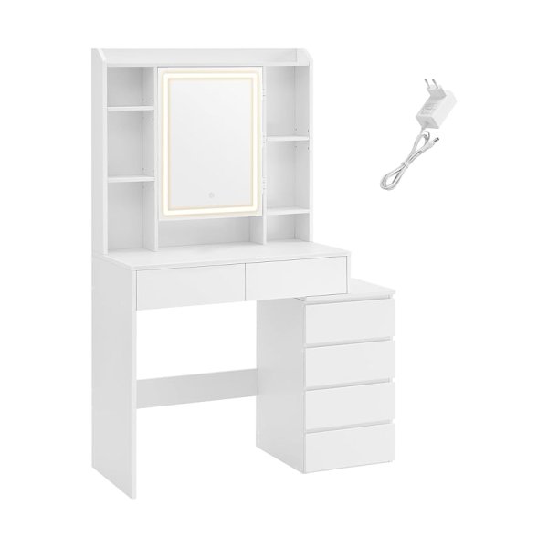 Make-uptafel met ledverlichting, instelbare helderheid, kaptafel met spiegel, make-uptafel met laden, open vakken, verstelbare planken, modern, wolkenwit