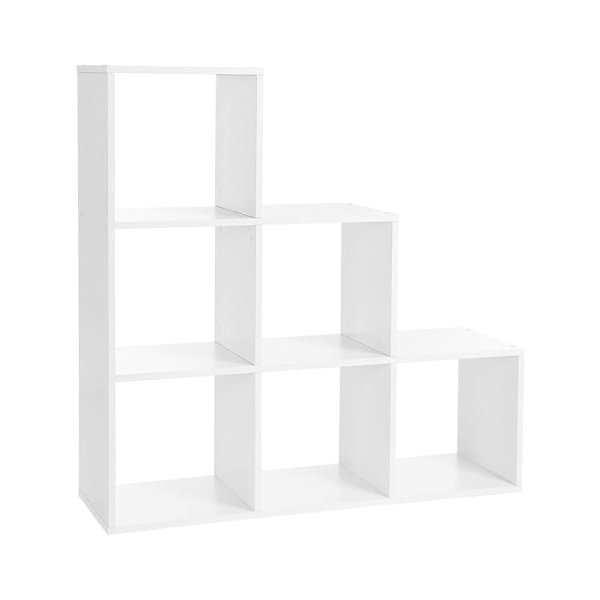 BOOKKAARTRIKKRAAP MET 6 COMPARTEN, 6 dobbelstenen, houten tentoonstelling, vrijstaande plank, kamerverdeler, 97,5 x 97,5 x 29 cm, wit
