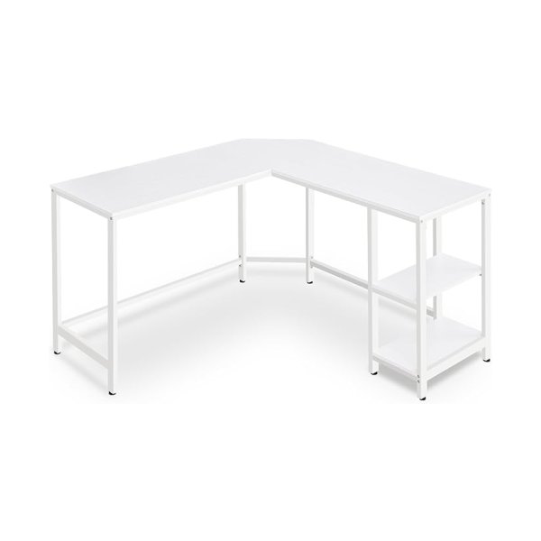 Computerbureau, L vorm hoekbureau, 138 x 138 x 76 cm, gamebalie, werkstation met 2 opbergplanken voor thuiskantoor, ruimtebesparing, gemakkelijk te monteren, esdoornwit