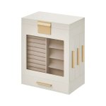 Sieradendoos, sieradendoos 5 niveaus, sieradendoos met glazen ramen, zijladen, grote spiegel, sieradenopslag, 12,9 x 20 x 24,7 cm, wolkenwit-metallic goud