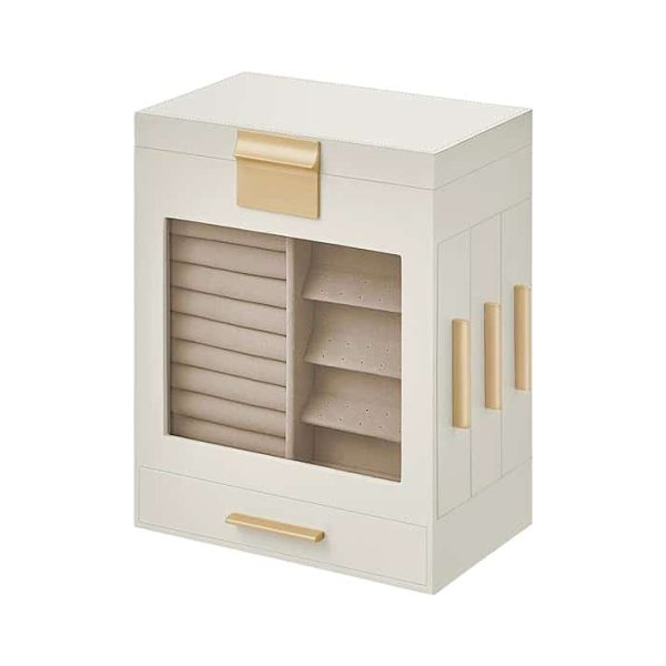 Sieradendoos, sieradendoos 5 niveaus, sieradendoos met glazen ramen, zijladen, grote spiegel, sieradenopslag, 12,9 x 20 x 24,7 cm, wolkenwit-metallic goud