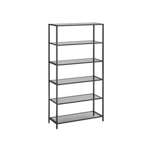 Rek met 6 planken, badkamerrek, gehard glas, eenvoudige montage, voor badkamer, woonkamer, keuken, kantoor, leigrijs-inktzwart