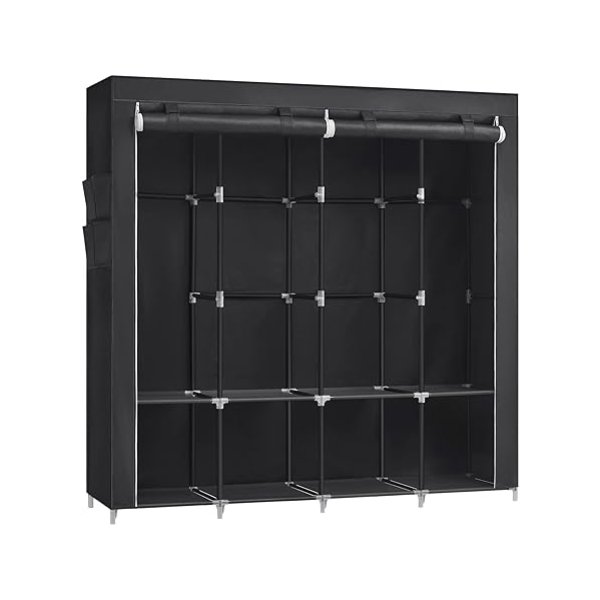 Linnen garderobe, 45 x 170 x 167 cm, 4 hangende compartimenten, met planken, 4 zijcompartimenten, veel ruimte voor slaapkamer, woonkamer, zwart