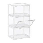 Schoenendoos, set van 3, stapelbare schoenorganisator, plastic doos met transparante deur, schoenopslag, voor schoenen tot grootte 46, 36 x 28 x 22 cm, transparant