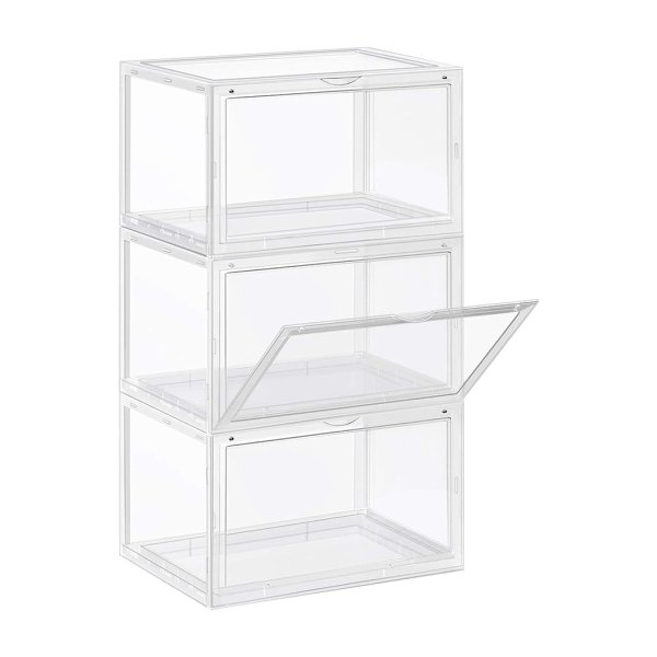 Schoenendoos, set van 3, stapelbare schoenorganisator, plastic doos met transparante deur, schoenopslag, voor schoenen tot grootte 46, 36 x 28 x 22 cm, transparant