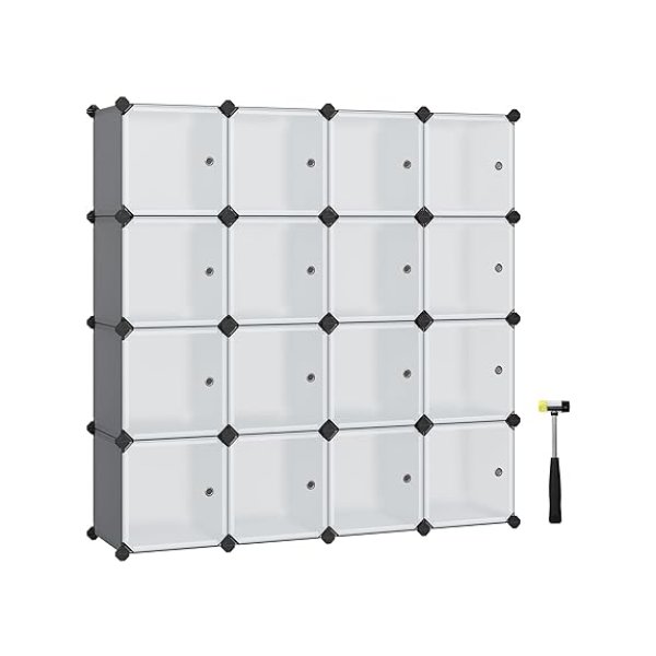 Opbergkast, modulair, 16 compartimenten, plastic plank, met deuren voor kleding, schoenen, speelgoed, boeken, gemakkelijke montage, grijs