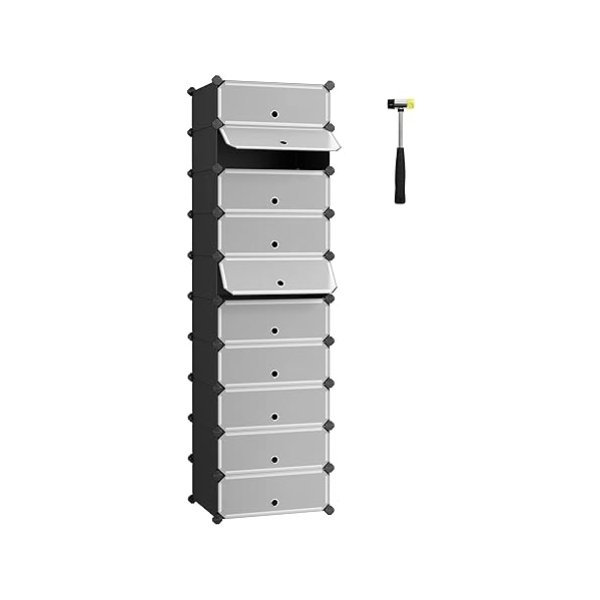 Schoenrek Plastic rechthoekige planksysteem met 10 compartimenten, doe -het -zelf -inserteerbare planken, opbergplanken, garderobe, schoenmaker, 40 x 30 x 17 cm per compartiment, metalen draad, zwart