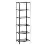 Rek met 6 planken, badkamerrek, gehard glas, eenvoudige montage, voor badkamer, woonkamer, keuken, kantoor, zwart-grijs