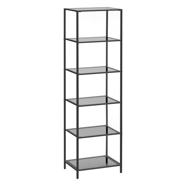 Rek met 6 planken, badkamerrek, gehard glas, eenvoudige montage, voor badkamer, woonkamer, keuken, kantoor, zwart-grijs