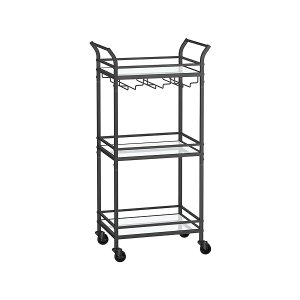 Serveerwagen, 3 niveaus, rolwagen, met wielen, handgrepen, spiegelende glazen planken, voor kleine ruimtes, keuken, eetkamer, bar, zwart