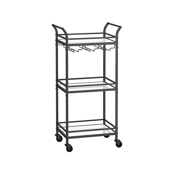 Serveerwagen, 3 niveaus, rolwagen, met wielen, handgrepen, spiegelende glazen planken, voor kleine ruimtes, keuken, eetkamer, bar, zwart