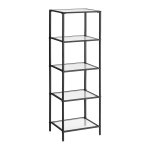 Rek met 5 planken, badkamerrek, gehard glas, eenvoudige montage, voor badkamer, woonkamer, keuken, kantoor, transparant inktzwart