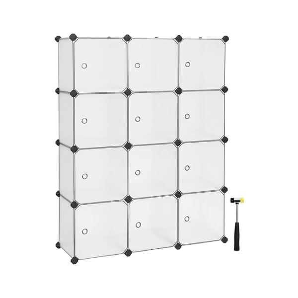 Rekkensysteem met 12 compartimenten, plastic schoenenrek met deuren, garderobe, slotloze planken voor kleding, schoenen, speelgoed en boeken, gemakkelijk te monteren, 93 x 31 x 123 cm, wit