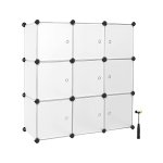 Rekkensysteem, 9 kubussen, plastic garderobe, met deuren, schoenenrek, opslag voor kleding, schoenen, speelgoed en boeken, schappen zonder bout, gemakkelijke montage, wit, wit