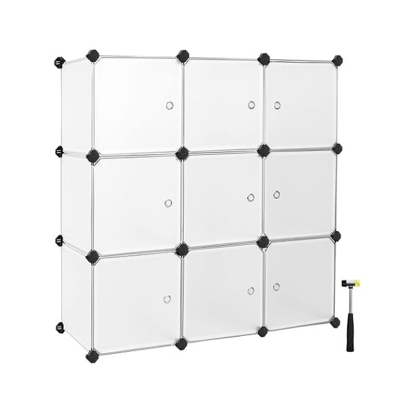 Rekkensysteem, 9 kubussen, plastic garderobe, met deuren, schoenenrek, opslag voor kleding, schoenen, speelgoed en boeken, schappen zonder bout, gemakkelijke montage, wit, wit
