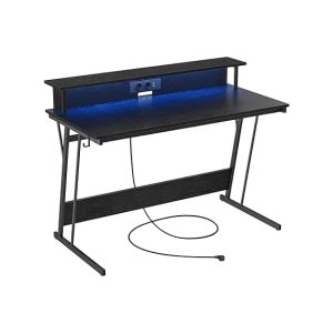 Gamingtafel met ledverlichting, bureau met ingebouwde stekkerdoos, computertafel, monitorstandaard voor 2 monitoren, slaapkamer, 60 x 120 x 76 cm, klassiek zwart