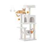 Cat Tree 112cm Indoor Cat Tower, Multi-Layer Plush Cat Apartment met 4 krassende palen, 2 zitstokken, grot, hangmat, pompoms, crème Wit PCT261T01