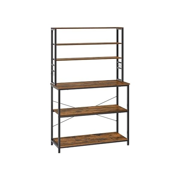 Keukenrek koffiezetapparaat 6 planken en 6 haken voor magnetron stalen frame industriële stijl 40 x 100 x 167 cm rustiek bruin en zwart