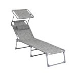 Sun Lounger, vouwzonlouner, 193 x 53 x 29 cm, max.Laadvermogen 150 kg, met zonbescherming, hoofdsteun en verstelbare rugleuning voor tuin, zwembad, patio, greige
