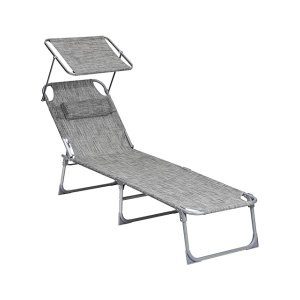 Sun Lounger, vouwzonlouner, 193 x 53 x 29 cm, max.Laadvermogen 150 kg, met zonbescherming, hoofdsteun en verstelbare rugleuning voor tuin, zwembad, patio, greige