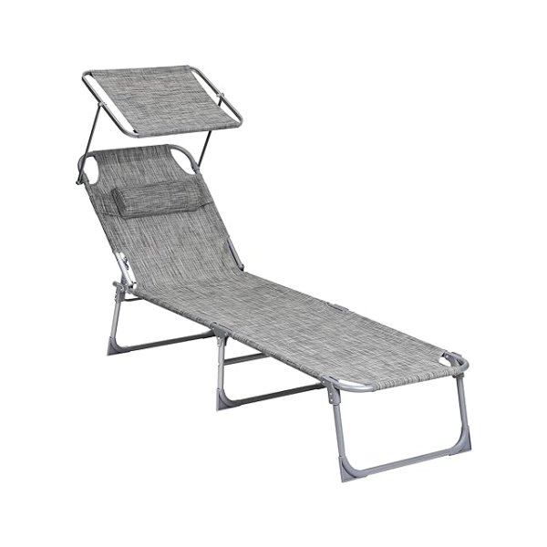 Sun Lounger, vouwzonlouner, 193 x 53 x 29 cm, max.Laadvermogen 150 kg, met zonbescherming, hoofdsteun en verstelbare rugleuning voor tuin, zwembad, patio, greige
