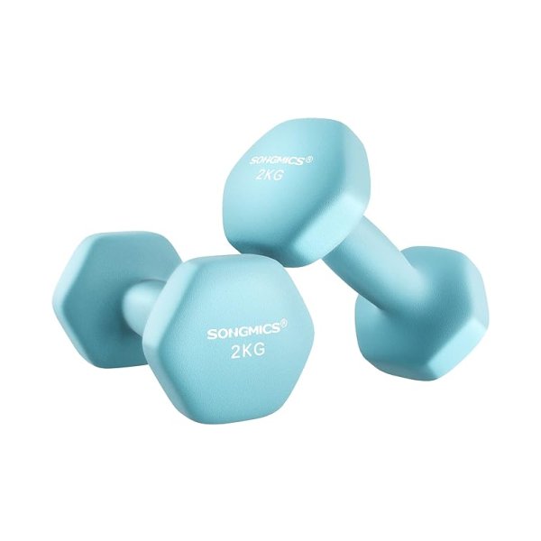 Set van 2 halters 2 x 2 kg Neopreen gecoate handgewichten Zhexagonaal Dumbbell Pair Home workout Fitness Training Lichtblauw