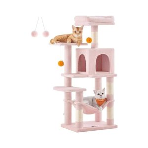 Cat Tree 112cm kattentoren voor katten binnenshuis, meerlagige pluche kat appartement met 4 krassende berichten, 2 zitstokken, grot, hangmat, pompoms, jelly roze