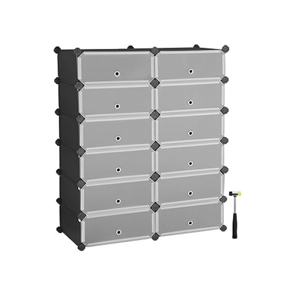 Schoenrek Plastic rechthoekig planksysteem met 12 compartimenten, doe -het -zelf schroefplank, opslagrek kledingkast, schoenmaker, 40 x 30 x 17 cm per compartiment, metalen draad, zwart
