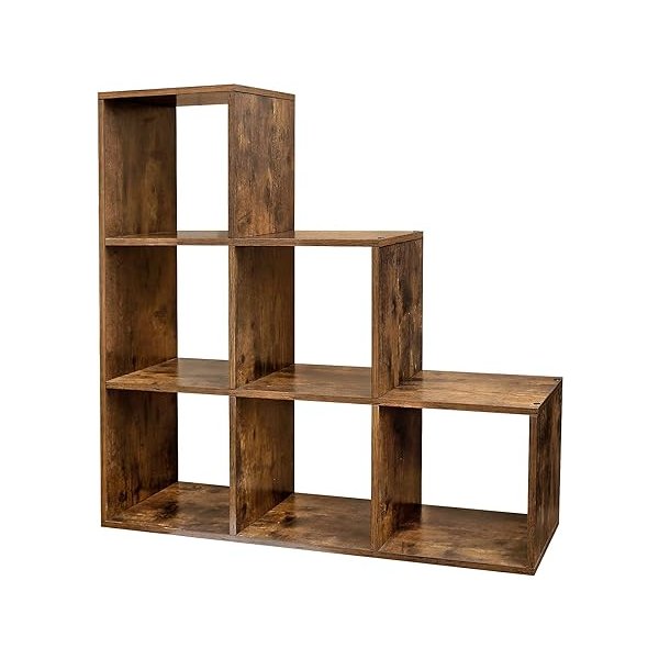 Trapplank, boekenkast met 6 kubussen, staande plank, ladderplank, kamerpaneel, kubusplank, vrijstaand voor kantoor, woonkamer, slaapkamer, vintage bruin