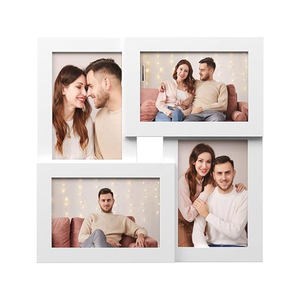 Fotoframe collage voor 4 foto's, 10 x 15 cm, muur gemonteerd fotogalerij display, met glazen plaat, wit