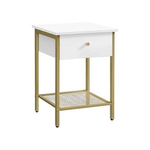 Neventafel voor nachtkastje met lade en rooster top voor slaapkamer woonkamer modern witgoud