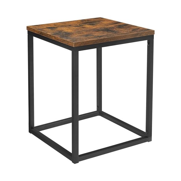 Bijzettafel voor bank, vierkante nachtkastje, stalen frame voor woonkamer, kantoor, slaapkamer, industriële stijl, rustiek bruin en zwart