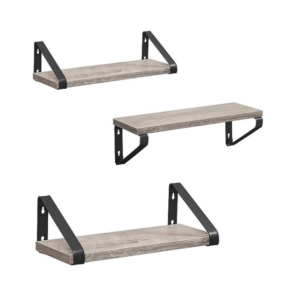 Wandrek, zwevende plank, 3-delige set, plankplank, 2 montagemogelijkheden, rek voor presentatie, voor woonkamer, keuken, werkkamer, badkamer, Greige-zwart