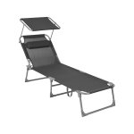 Zonlander, tuinlounger, tuinlounger, met hoofdsteun en zonluifel, verstelbare rugleuning, lichtgewicht, opvouwbaar, 53 x 193 x 29,5 cm, lading 150 kg, tuin, balkon, donkergrijs