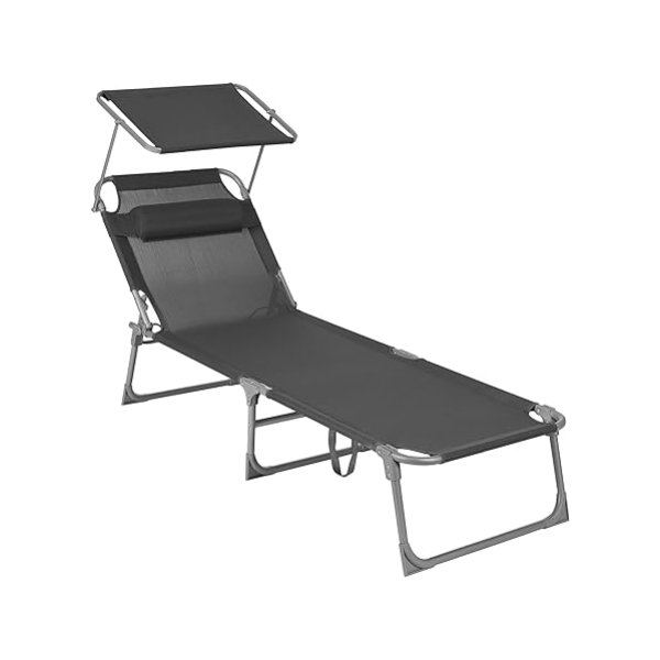 Zonlander, tuinlounger, tuinlounger, met hoofdsteun en zonluifel, verstelbare rugleuning, lichtgewicht, opvouwbaar, 53 x 193 x 29,5 cm, lading 150 kg, tuin, balkon, donkergrijs