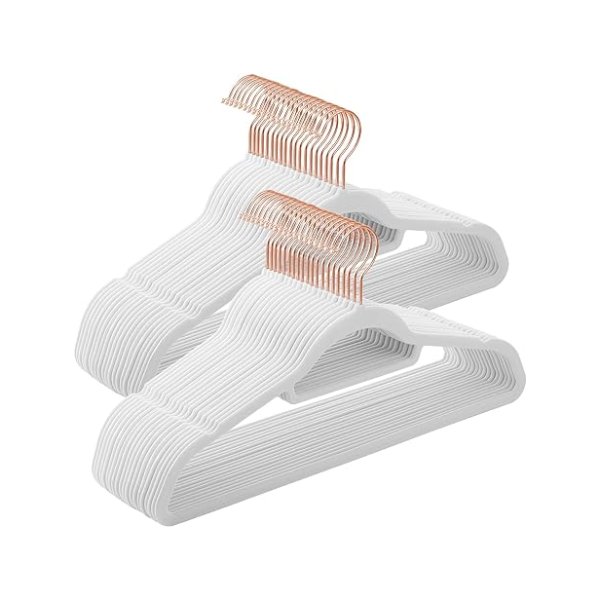 Velvet jas hangers, pak van 50 kledinghangers, niet-slip kledinghangers, met tie-staaf en 360 ° roterende haak, ruimtebesparende 0,5 cm dik, 43,5 cm lang voor een broek, roségoud en wit