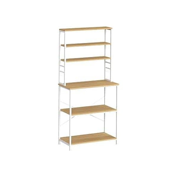 Keukenrek koffiezetapparaat 6 planken en 6 haken voor magnetron stalen frame industriële stijl 40 x 80 x 167 cm eiken wit wit wit