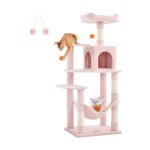 Cat Tree, hoogte 143 cm, speeltoren voor katten met 4 krassende palen, 2 platforms, 1 niche, 1 hangmat, 2 pompoms, pluche stof, meerdere niveaus, snoeproze
