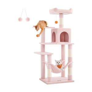 Cat Tree, hoogte 143 cm, speeltoren voor katten met 4 krassende palen, 2 platforms, 1 niche, 1 hangmat, 2 pompoms, pluche stof, meerdere niveaus, snoeproze