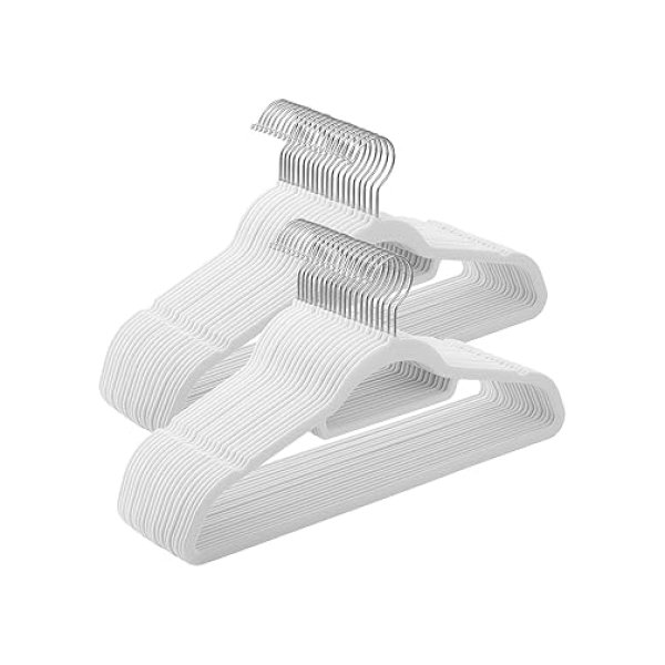 Kledinghanger, pakket van 50, niet-slip kleerhanger, 0,5 cm dikte, fluwelen ruimtebesparing, 360 ° roteerbare haak, 43,5 cm, voor jassen, jassen, rokken, shirts, broeken, wit, wit