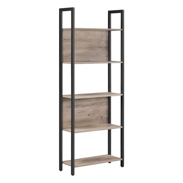 Boekenplank, keukenplank, vloerplank met 5 open kastniveaus, gang, keuken, kantoor, stevig stalen frame, industrieel ontwerp, grijszwart