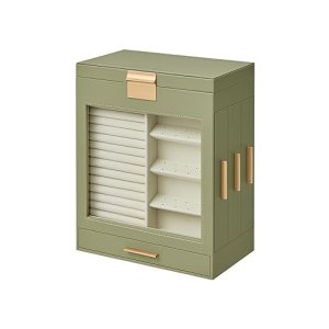 Sieradendoos, sieradendoos 5 niveaus, sieradendoos met glazen ramen, zijladen, grote spiegel, sieradenopslag, 15,5 x 26,1 x 32 cm, lauriergroen-metallic goud
