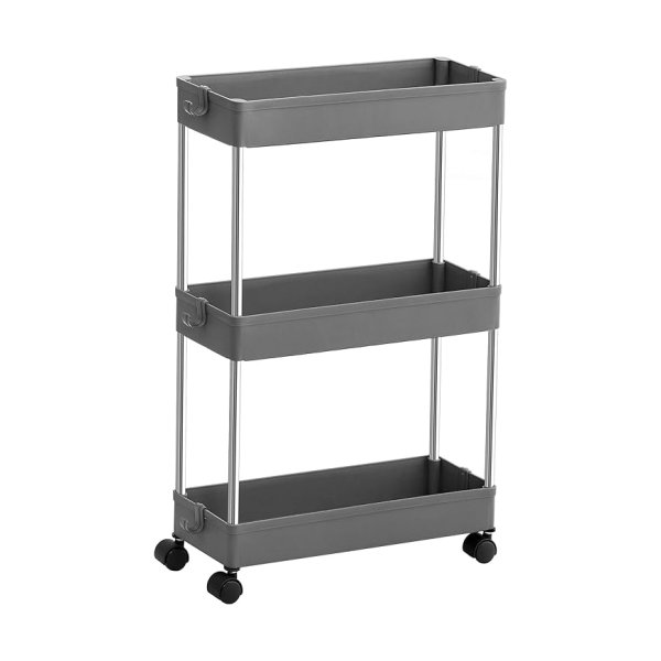 -3 Tier-trolley, keukentrolley, smal, nicheplank op wielen, ruimtebesparende badkamerplank, keukenplank, badkamer en keuken, uitgesneden ontwerp, 40 x 13,5 x 60 cm, grijs