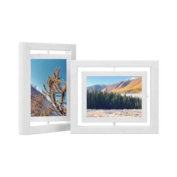 Fotolijsten, set van 2, fotolijst, draaibaar, voor foto's van 12,7 x 17,8 cm (5 x 7 inch), met 2 glasplaten, om neer te zetten of op te hangen, MDF, wit