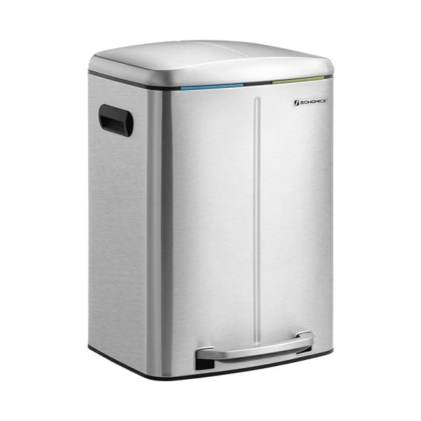Dubbele vuilnisbak, 2 x 20l stofbine, metalen stappenbak, met dubbele compartimenten, plastic binnenmak en scharnierende deksel, handgrepen, zachte sluiting, luchtdicht, zilver
